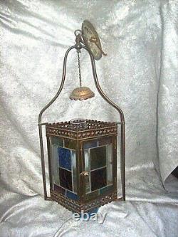 ANTIQUE HANGING OIL LAMP CONVERTED TO ELECTRIC with 4 STAINED GLASS PANELS
