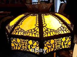ANTIQUE SLAG STAINED GLASS HANGING LAMP 16 Panel -1920s