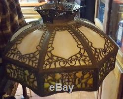 ANTIQUE SLAG STAINED GLASS HANGING LAMP 16 Panel -1920s