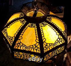 ANTIQUE SLAG STAINED GLASS HANGING LAMP 16 Panel -1920s