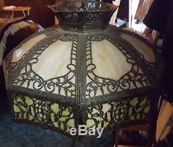 ANTIQUE SLAG STAINED GLASS HANGING LAMP 16 Panel -1920s