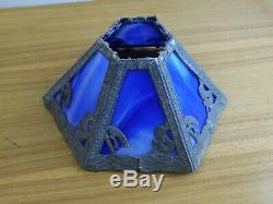 ANTIQUE VICTORIAN 6 PANEL blue STAINED SLAG GLASS LAMP SHADE read