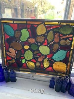 ANTIQUE arts & crafts STAINED GLASS & LEAD WINDOW PANEL painted leaves foliage