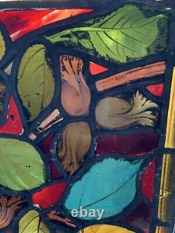 ANTIQUE arts & crafts STAINED GLASS & LEAD WINDOW PANEL painted leaves foliage