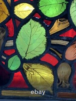 ANTIQUE arts & crafts STAINED GLASS & LEAD WINDOW PANEL painted leaves foliage