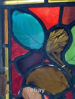 ANTIQUE arts & crafts STAINED GLASS & LEAD WINDOW PANEL painted leaves foliage