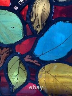 ANTIQUE arts & crafts STAINED GLASS & LEAD WINDOW PANEL painted leaves foliage