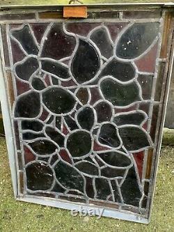 ANTIQUE arts & crafts STAINED GLASS & LEAD WINDOW PANEL painted leaves foliage