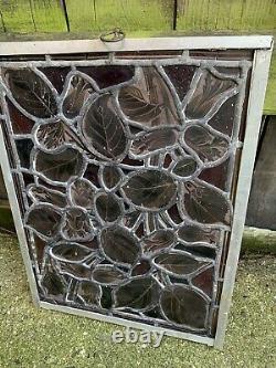 ANTIQUE arts & crafts STAINED GLASS & LEAD WINDOW PANEL painted leaves foliage