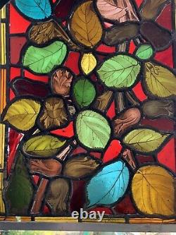 ANTIQUE arts & crafts STAINED GLASS & LEAD WINDOW PANEL painted leaves foliage