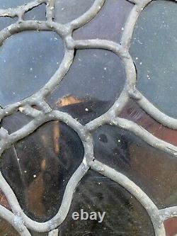 ANTIQUE arts & crafts STAINED GLASS & LEAD WINDOW PANEL painted leaves foliage