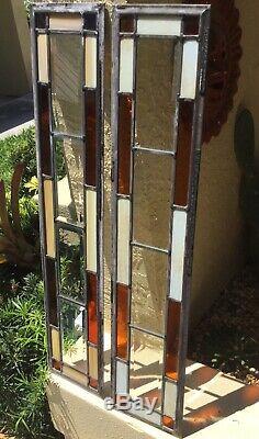 ANTIQUE pr ARTS & CRAFTS LEADED & BEVELED STAINED GLASS BUNGALOW WINDOW PANELS