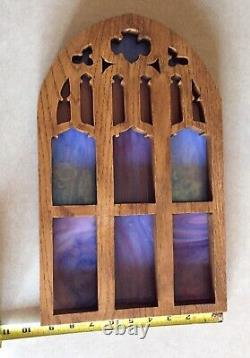 AS-IS SALE Handmade USA Solid Oak & Stained Glass Gothic Church Window Panel