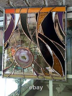 Abstract Stained Glass Brazilian Agate Suncatcher Ocean Panel OOAK