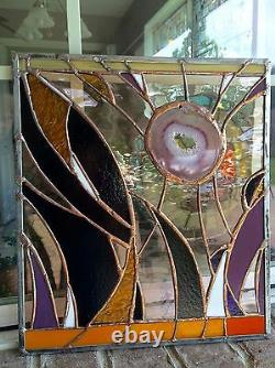 Abstract Stained Glass Brazilian Agate Suncatcher Ocean Panel OOAK