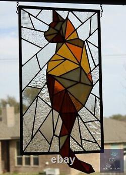 Abstract Stained Glass Cat, Window Panel, Hanging Art, Modern, Line Art Amber, B
