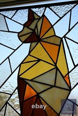 Abstract Stained Glass Cat, Window Panel, Hanging Art, Modern, Line Art Amber, B