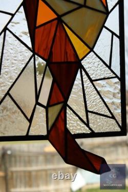 Abstract Stained Glass Cat, Window Panel, Hanging Art, Modern, Line Art Amber, B