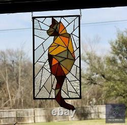 Abstract Stained Glass Cat, Window Panel, Hanging Art, Modern, Line Art Amber, B