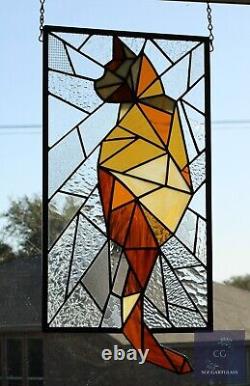 Abstract Stained Glass Cat, Window Panel, Hanging Art, Modern, Line Art Amber, B