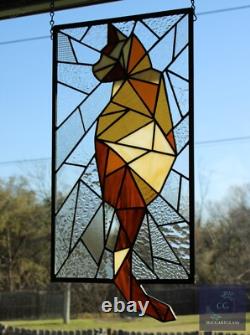 Abstract Stained Glass Cat, Window Panel, Hanging Art, Modern, Line Art Amber, B