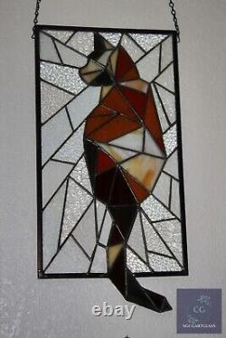 Abstract Stained Glass Cat, Window Panel, Hanging Art, Modern, Line Art Amber, B