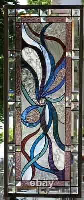 Abstract Stained Glass Transom window HANGING PANEL 34 3/4 X 15 incl hooks