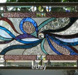 Abstract Stained Glass Transom window HANGING PANEL 34 3/4 X 15 incl hooks