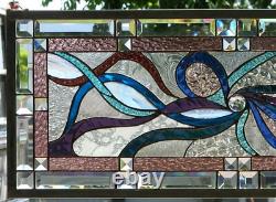Abstract Stained Glass Transom window HANGING PANEL 34 3/4 X 15 incl hooks