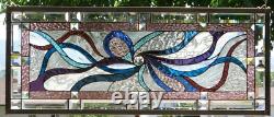 Abstract Stained Glass Transom window HANGING PANEL 34 3/4 X 15 incl hooks