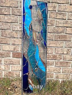 Abstract Stained Glass Window Contemporary Panel w Brazilian Agates Transom