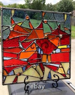 Abstract Stained Glass Window Geometrical Contemporary Suncatcher Panel OOAK