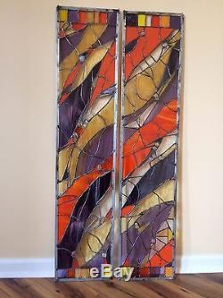 Abstract Stained Glass Window Transom Panel Contemporary (Set of 2)