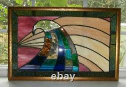 Abstract Wave Stained Glass Panel Contemporary Window, Gold wood Frame 22x15