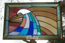 Abstract Wave Stained Glass Panel Contemporary Window, Gold wood Frame 22x15