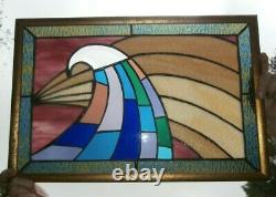 Abstract Wave Stained Glass Panel Contemporary Window, Gold wood Frame 22x15