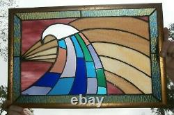 Abstract Wave Stained Glass Panel Contemporary Window, Gold wood Frame 22x15