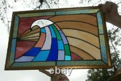 Abstract Wave Stained Glass Panel Contemporary Window, Gold wood Frame 22x15