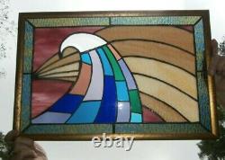 Abstract Wave Stained Glass Panel Contemporary Window, Gold wood Frame 22x15