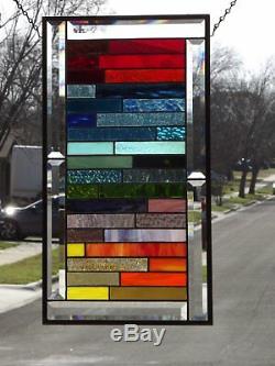 All the pretty Colors Beveled Stained Glass Window Panel 21 3/4 x 11 7/8