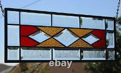Amber-Red Beveled Stained Glass Window Panel, 3 Avail. 19 1/2 X 7 1/2