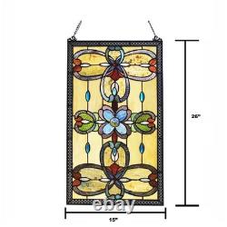 Amber Tiffany Style Stained Glass Window Panel Suncatcher Victorian Theme 26x15