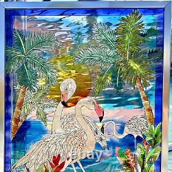 Amia Stained Glass Flamingos Window Panel Suncatcher LARGE 23 x 13 Hand Painted