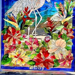 Amia Stained Glass Flamingos Window Panel Suncatcher LARGE 23 x 13 Hand Painted