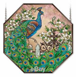 Amia Stained Glass Suncatcher 22 X 22 Octagon Panel Jewel Garden Peacock 42575