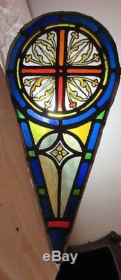 Antique 1800's handmade stained leaded glass teardrop church window panel #6