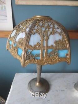 Antique 1920's Miller Lamp Co. 6-Panel Bent 2-Color Slag Stained Glass Lamp