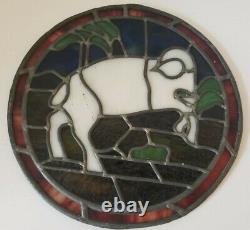 Antique 19th C Stained Glass Leaded Glass Biblical Ram Round Church Window Panel