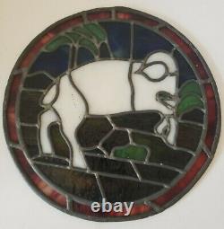Antique 19th C Stained Glass Leaded Glass Biblical Ram Round Church Window Panel