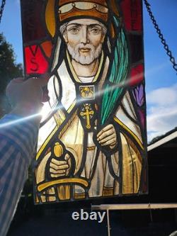 Antique 19thc stained glass window religion panel plaue saint Cornelius rare